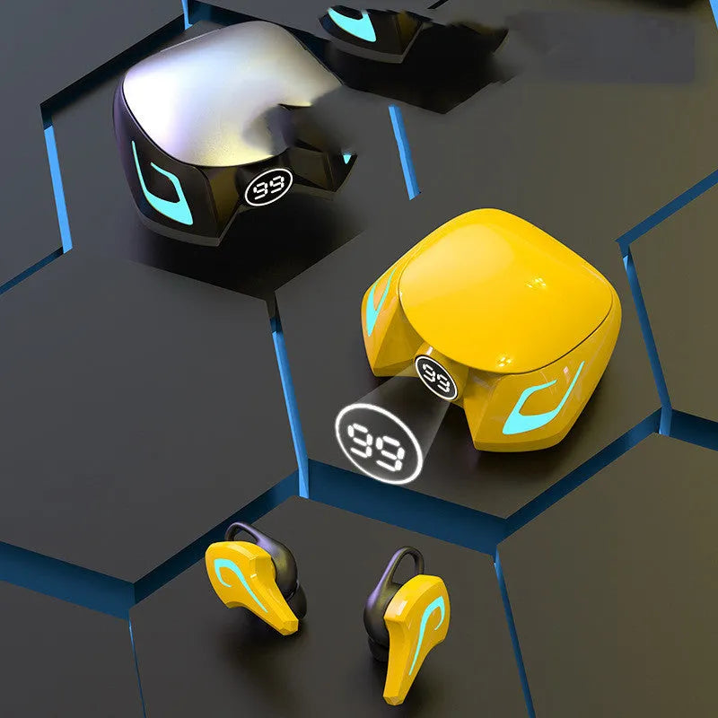 Wireless in-ear Bluetooth gaming headphones in black, dark grey, and yellow colours.