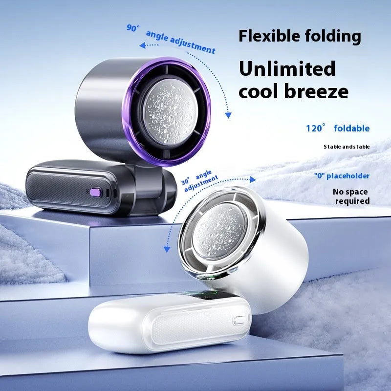 Handheld folding mini fan in blue colour, showing compact design and USB port.