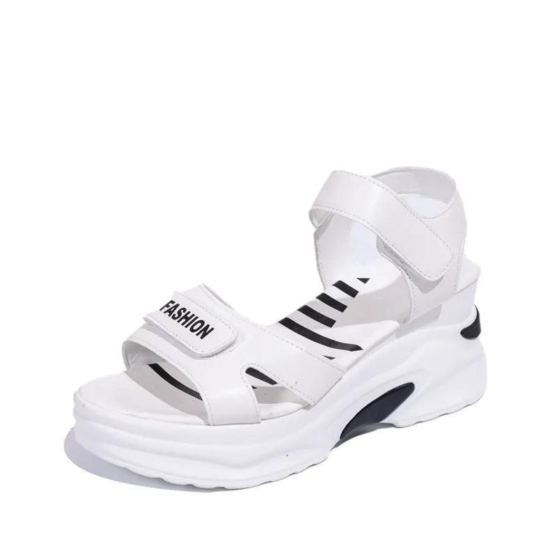 Small Muffin platform sports beach shoes beige PU upper Velcro fastening round toe rubber sole
