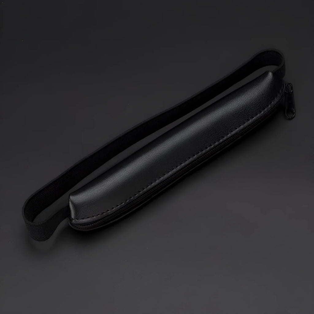 Long PU leather pencil case in beige grey, 16.5cm in length.