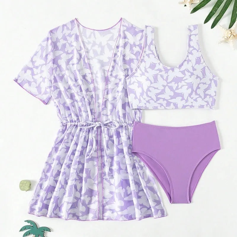 Girls' three-piece polyester swimsuit set in colour 3218, sizes 8Y-12Y.