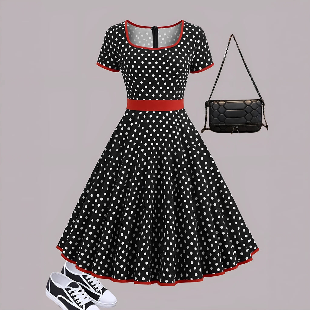 Multicolour polka dot dress with a square collar, short sleeves, front zipper, and pleated skirt.
