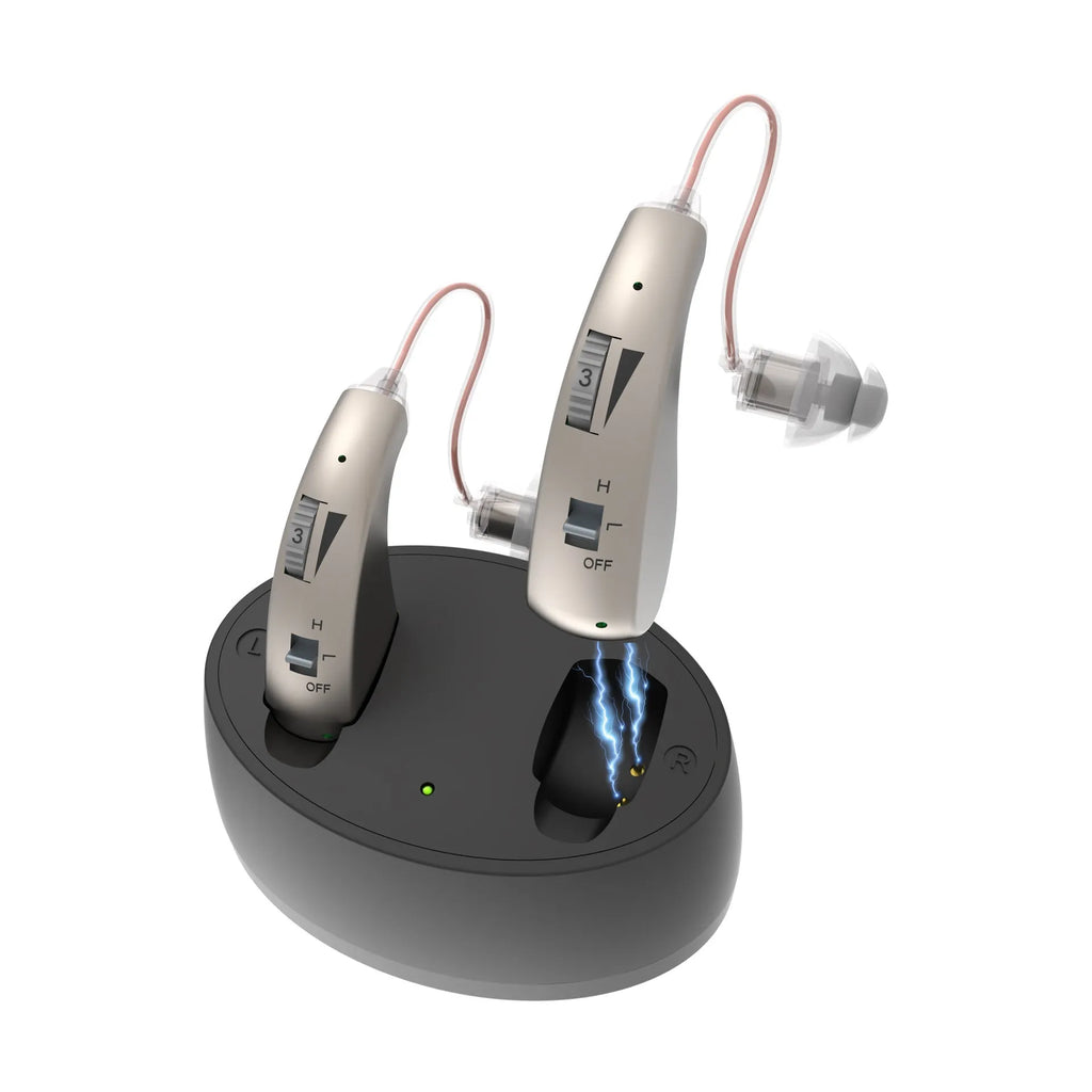 Behind-the-ear aid headset with simple charging bin, PVC housing in skin colour, silver finish