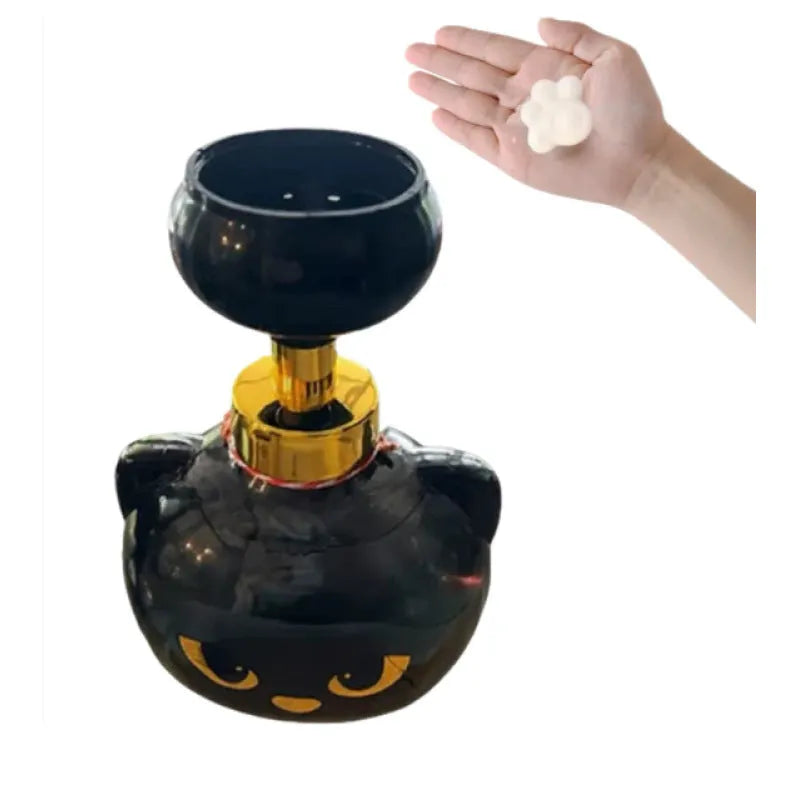 Black cat-shaped plastic soap dispenser with cartoon decoration