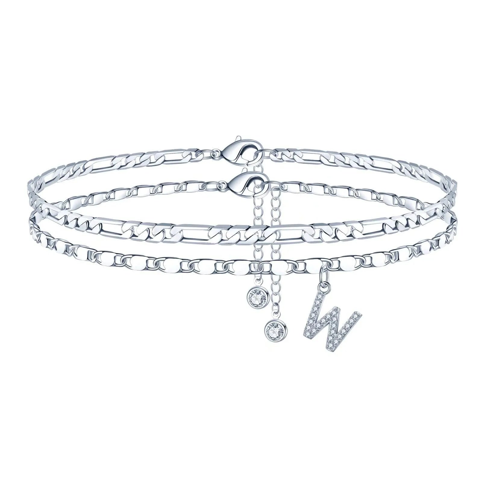 Silver-coloured copper anklet with a double-circle bead engraved with a letter.