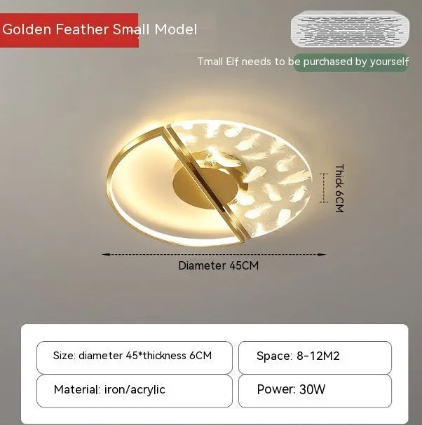 Modern simple LED ceiling light with monochrome white light, 45cm golden feather finish, bathroom ceiling installation