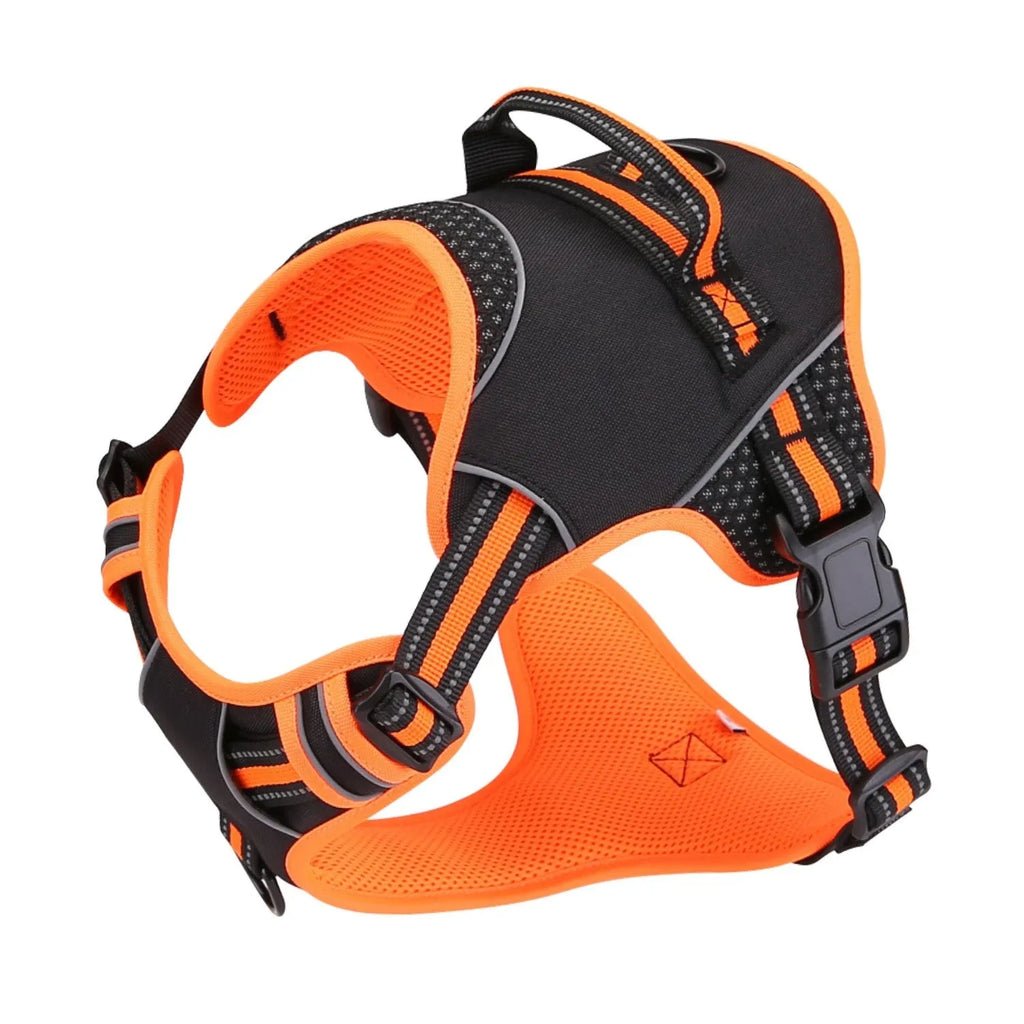 Orange and yellow polyester dog harness with anti-breaking traction strap in S, M, L sizes