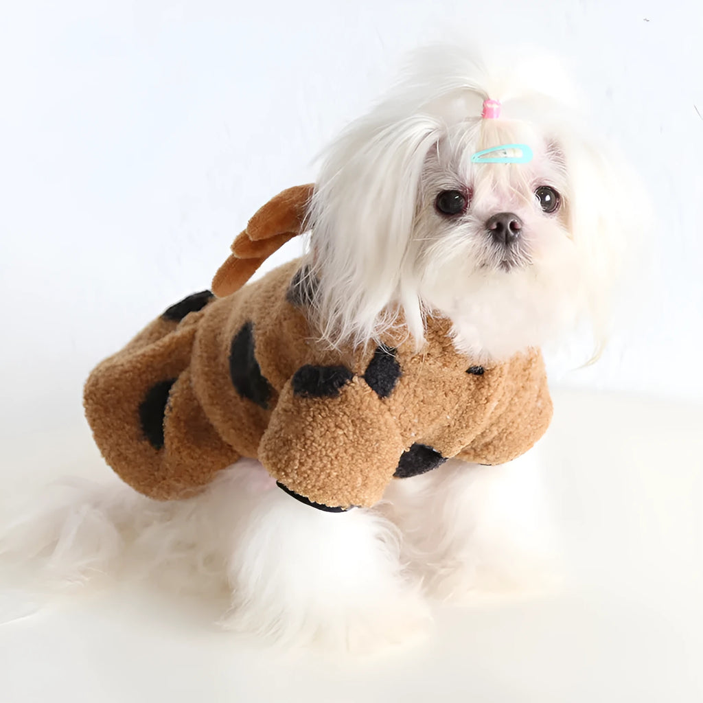Polka dot pet dog clothes with elk couple design in skirt and four-leg styles on a mannequin.