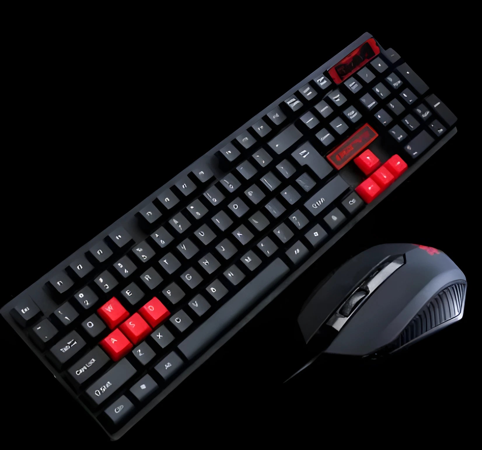 Wired USB keyboard and mouse set on a desk, showing character lighting or matte finish options.