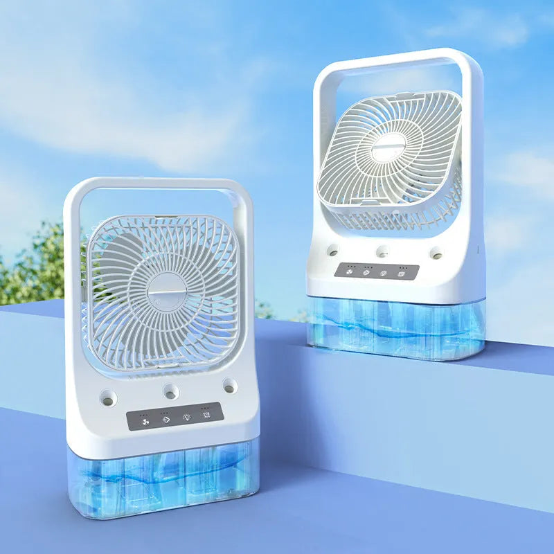 White USB rechargeable portable air cooler with water tank, adjustable head, and colourful night lights on a desk.