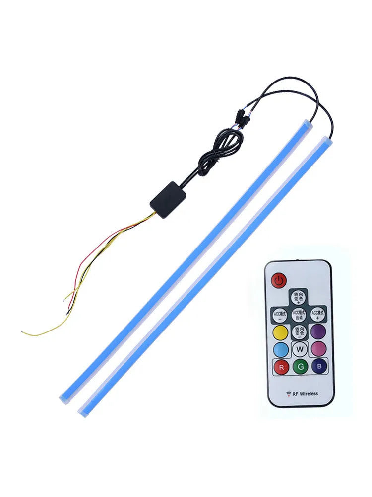 Remote-controlled RGB LED day running lights showing three length options for vehicle installation