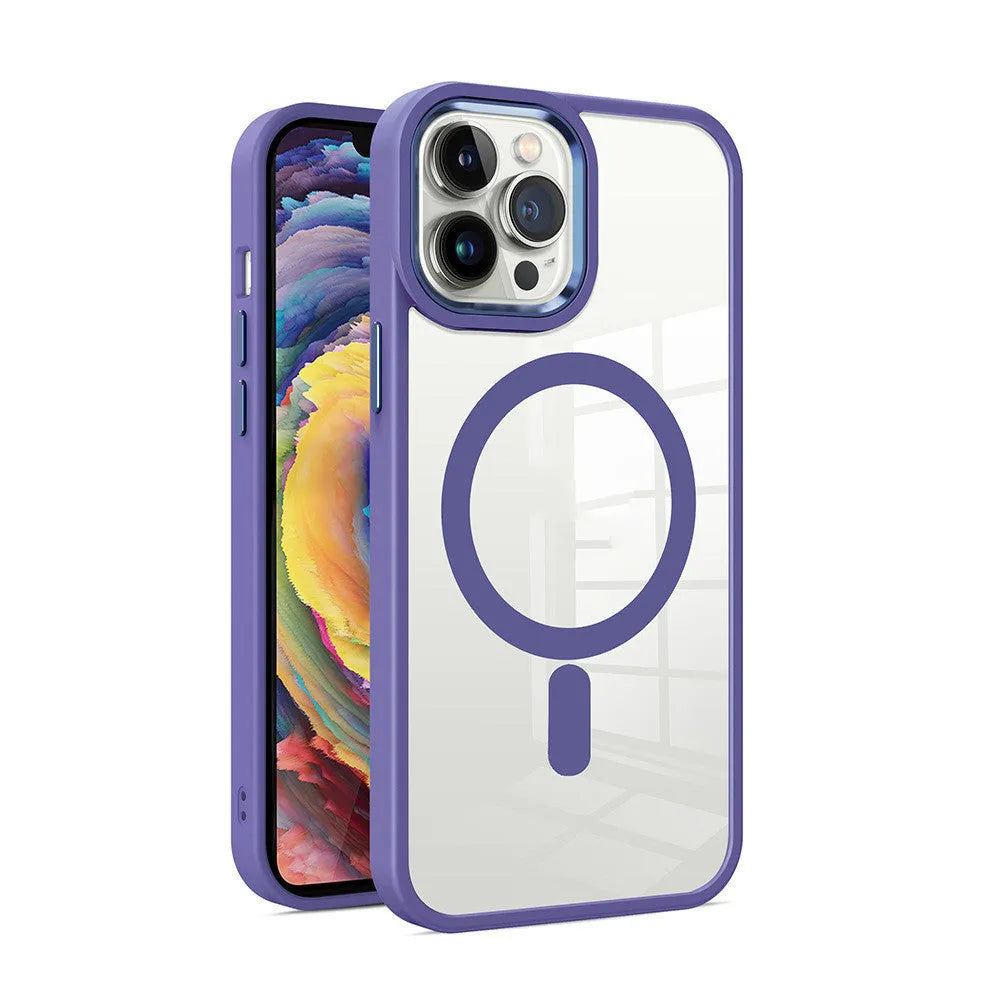 Transparent silicone magnetic phone case for iPhone on a table, shown in Plum Red colour.
