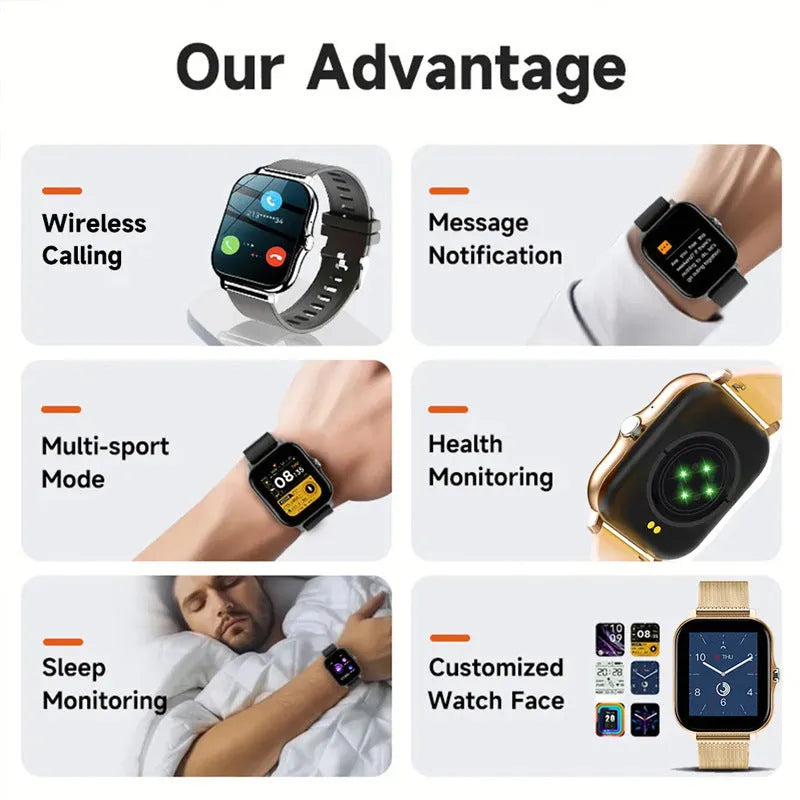 A smart watch with a large 144-inch touch screen and a silicone strap, shown on a wrist.