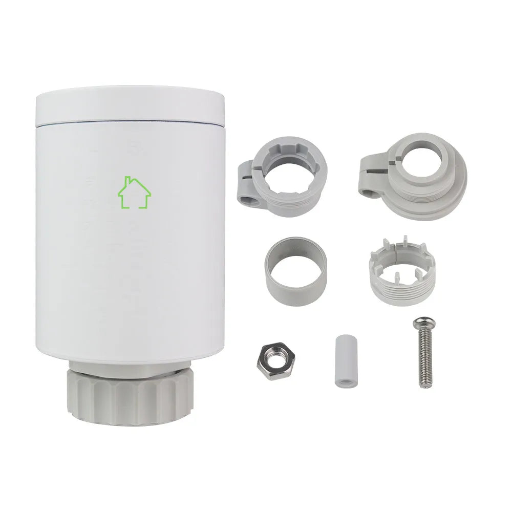 White smart radiator thermostat with digital display and M30 x 1.5 thread, beside Wi-Fi gateway hub