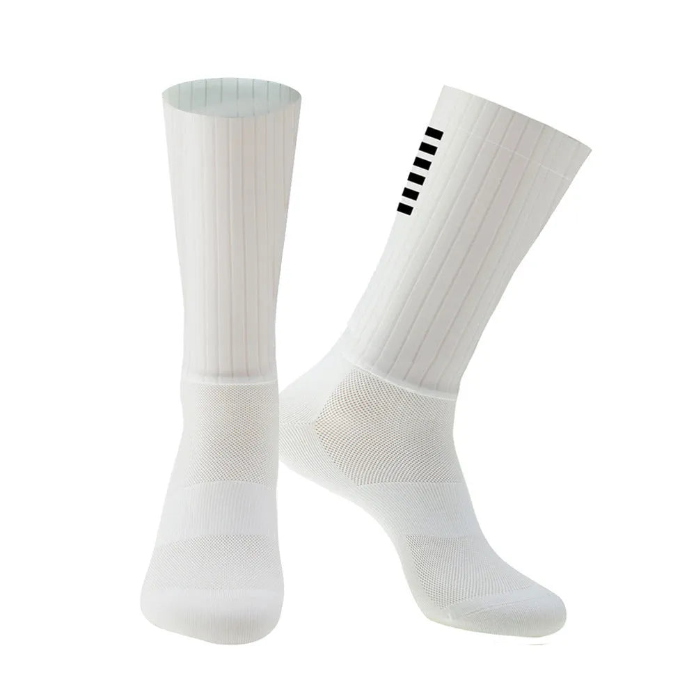 Pair of athletic socks for cycling and running in a chemical fibre blend, shown in one of six available colours.