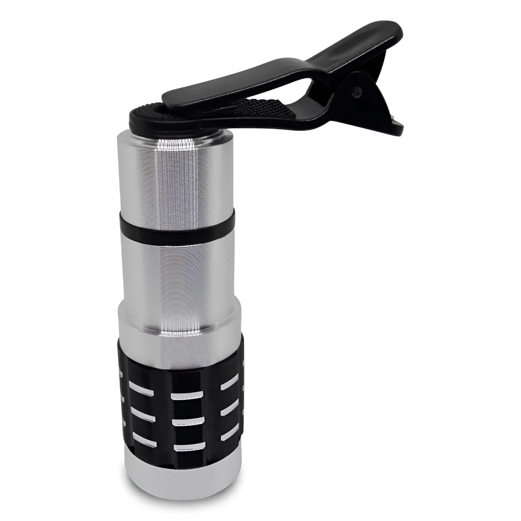 12x telescopic zoom lens with universal clip attached to a mobile phone for long-distance photography.