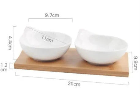 Porcelain compartment dish with wooden board for serving dried fruits and snacks