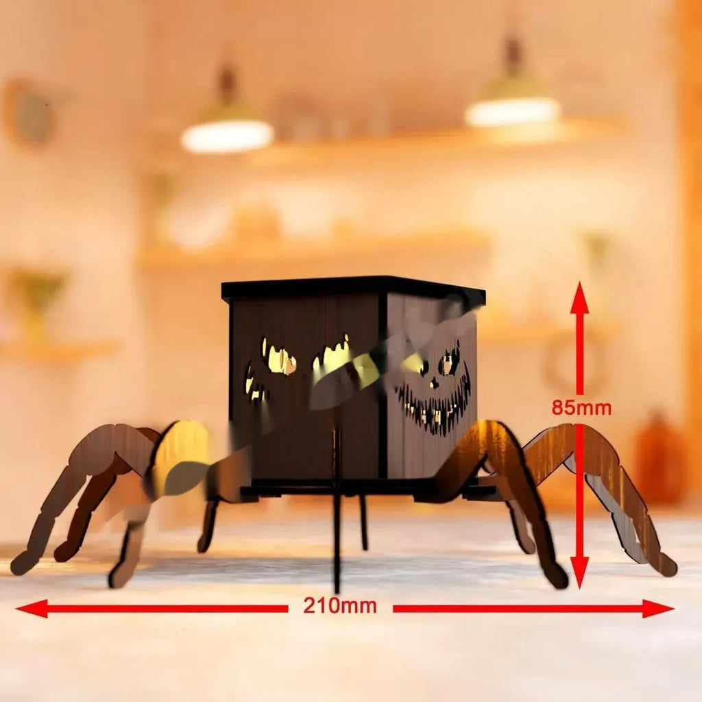Wooden Halloween candlestick with ghost and spider miniature lantern design measuring 21cm tall