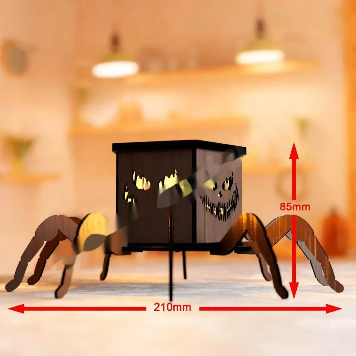 Wooden Halloween candlestick with ghost and spider miniature lantern design measuring 21cm tall