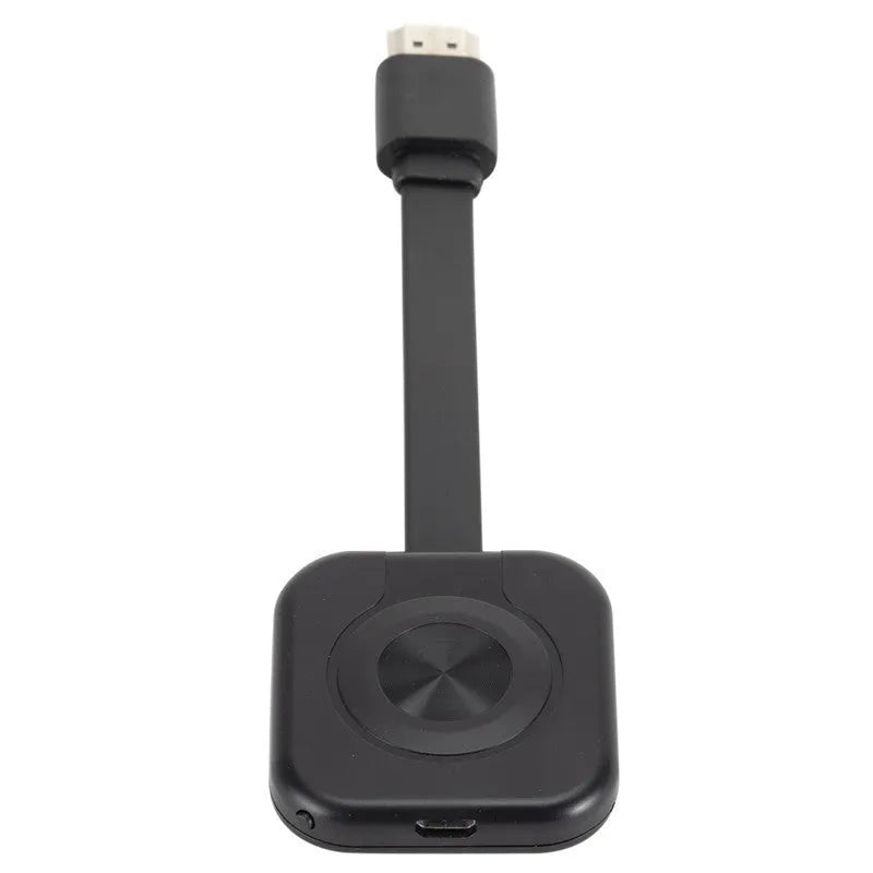 Compact wireless HDMI transmitter for screen mirroring with mobile phones, shown with data cable.