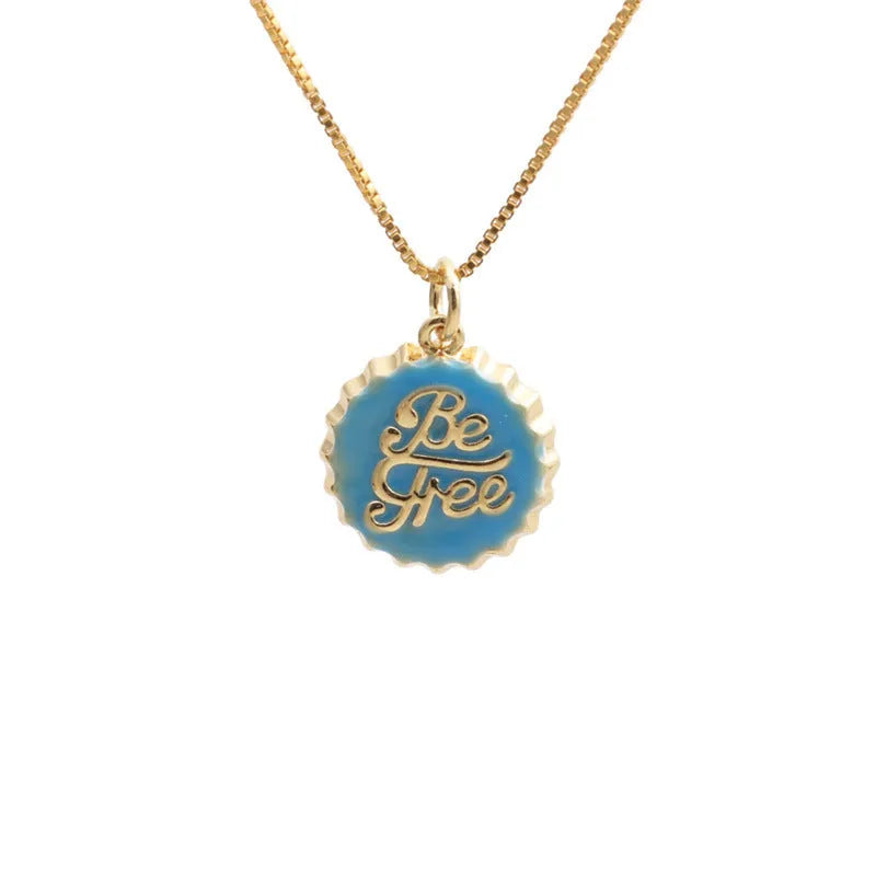 Copper bottle cap pendant necklace with gold electroplating on a 40cm box chain.