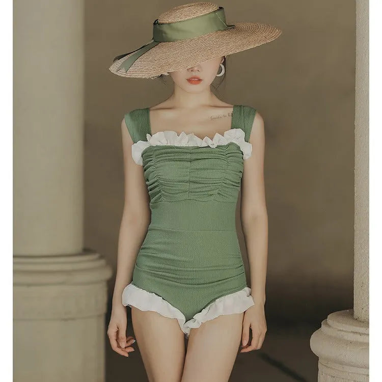Korean style high-waisted one-piece swimsuit in black, quick-drying polyester fabric, triangle top design