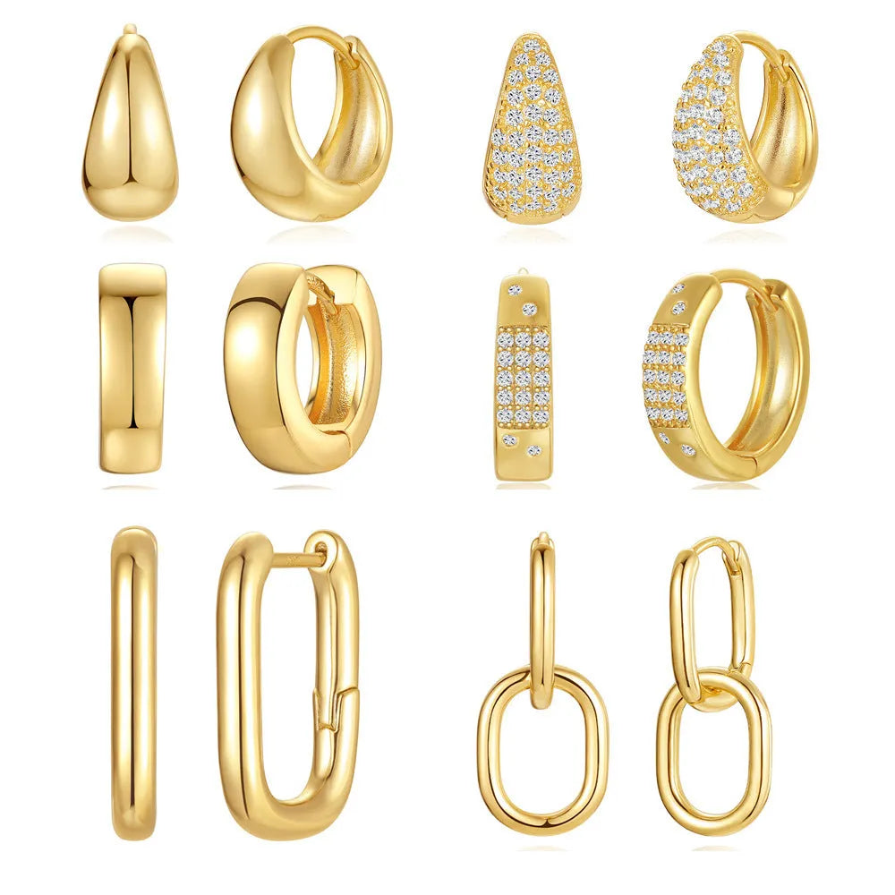 Gold tone brass diamond earclip earrings with geometric round shape and European styling