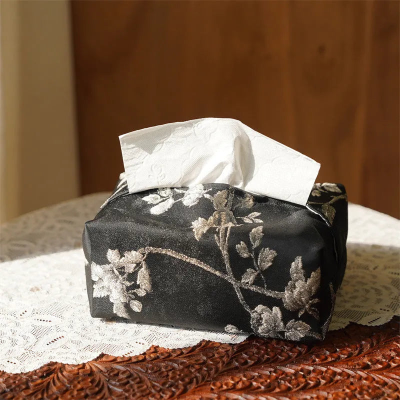 New Chinese brocade fabric tissue box in embroidery white plum colour with optional pearl buckle.