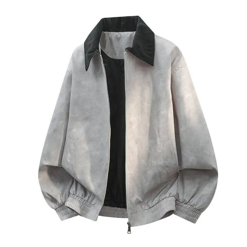 Men's stitching lapel casual jacket in dark purple with straight hem and side seam pockets
