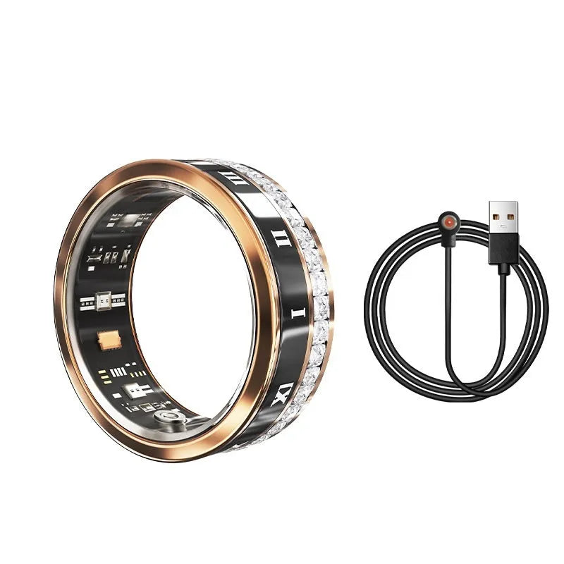 Diamond inlaid smart ring in silver and gold colours showing blood oxygen monitoring functions