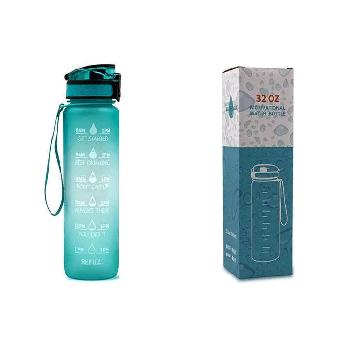 Blue and red gradient 1 litre Tritan sports water bottle with time markers and flip-top lid