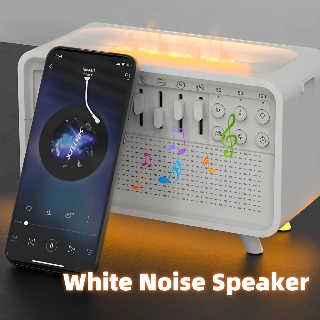White geometric all-in-one Bluetooth speaker, humidifier, white noise machine and night light on a surface.