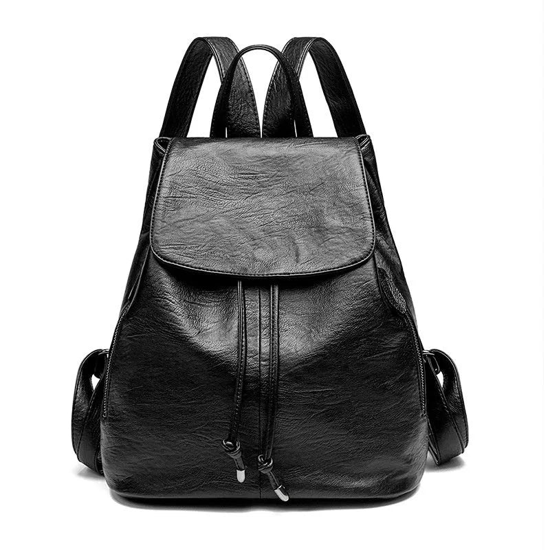 Black genuine leather women's backpack with Korean street trend design showing multiple compartments
