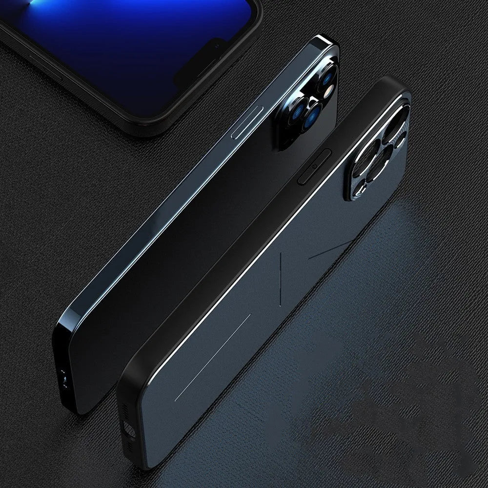 Skin Feel Metal Frosted Phone Case for iPhone 13/14 series in silver with aluminium alloy back and TPU edges