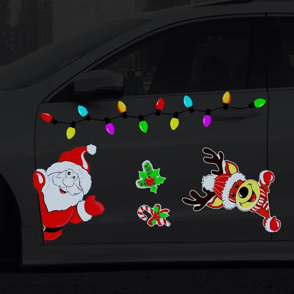 Reflective cartoon elk Christmas sticker with magnetic backing on a window