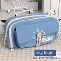 Large capacity canvas pencil case for girls in beige, blue, gray, or green, holding many pens.