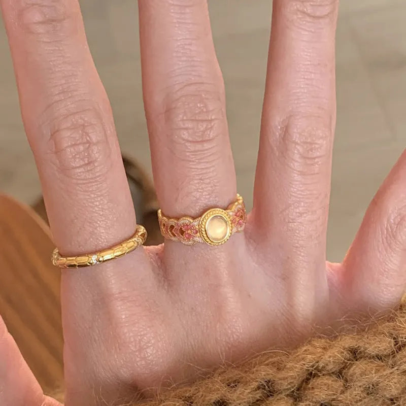 Geometric open gap ring with pink crystal enamel on gold-plated copper for women