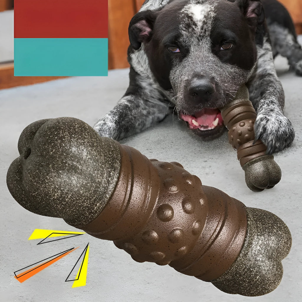 Wood colour plastic dog toy shaped as a sounding bone with textured ridges for dental cleaning.