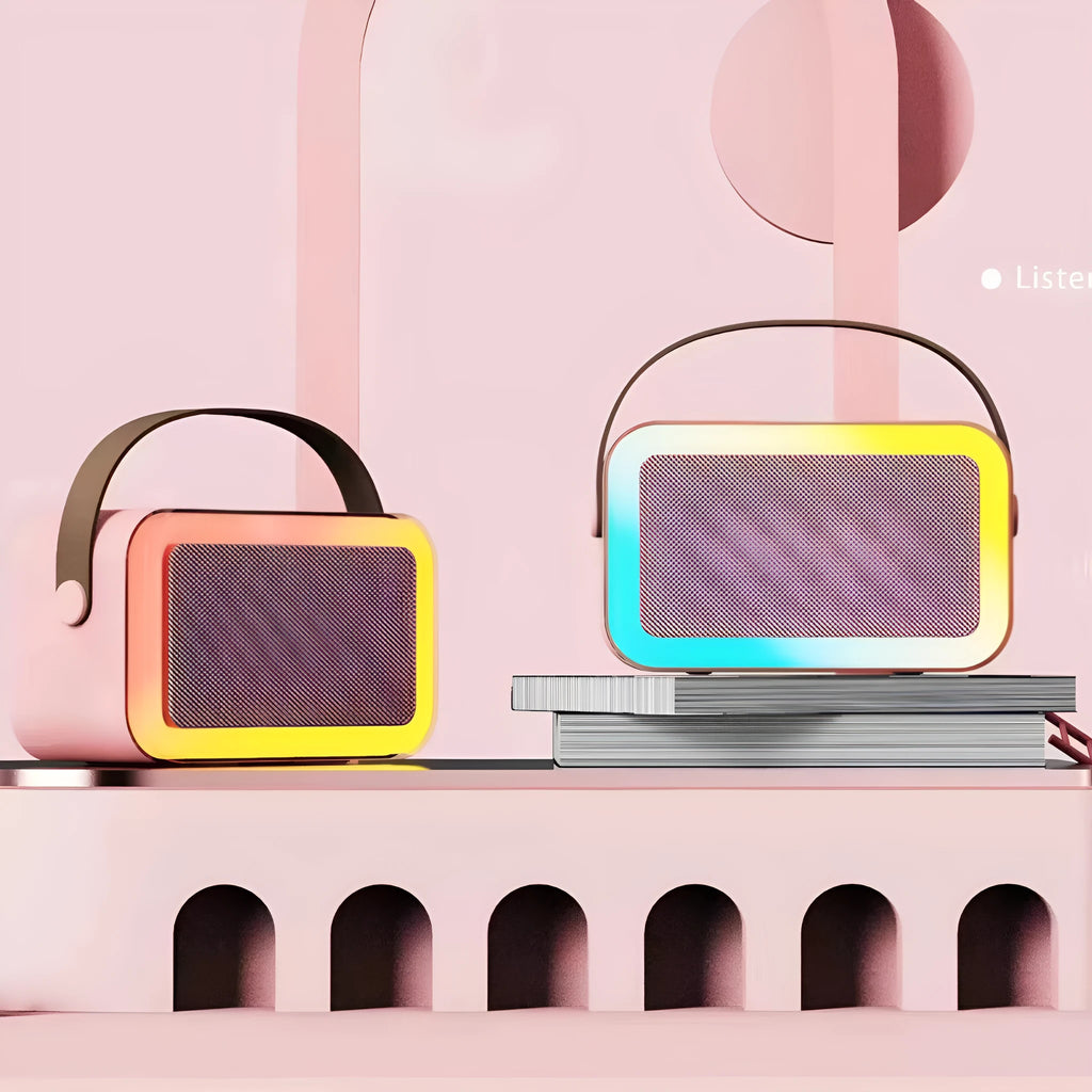 Pink, sky blue, and white portable Bluetooth karaoke microphone speaker with coloured LED lights.