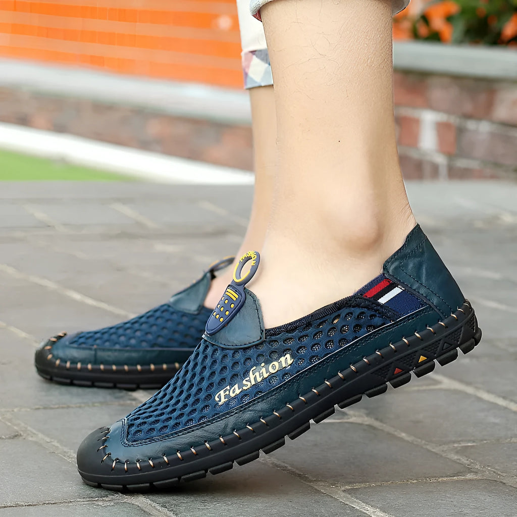 Men's brown casual mesh shoes with round toe and non-slip rubber sole.