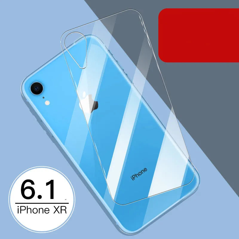 iPhone tempered glass screen protector set showing front and rear films for 11, X, and XR models.