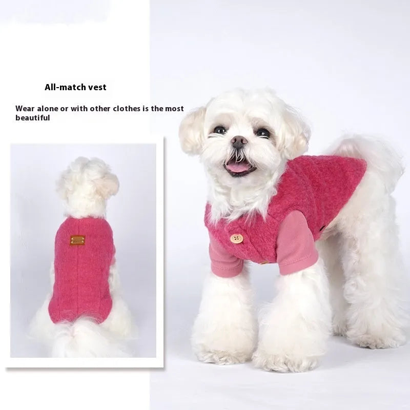 Small dog wearing cotton Korean cashmere vest in blue colour for autumn and winter weather