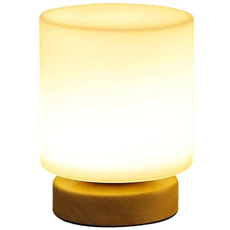 Nordic solid wood USB table lamp in cube shape with touch dimming for bedroom use