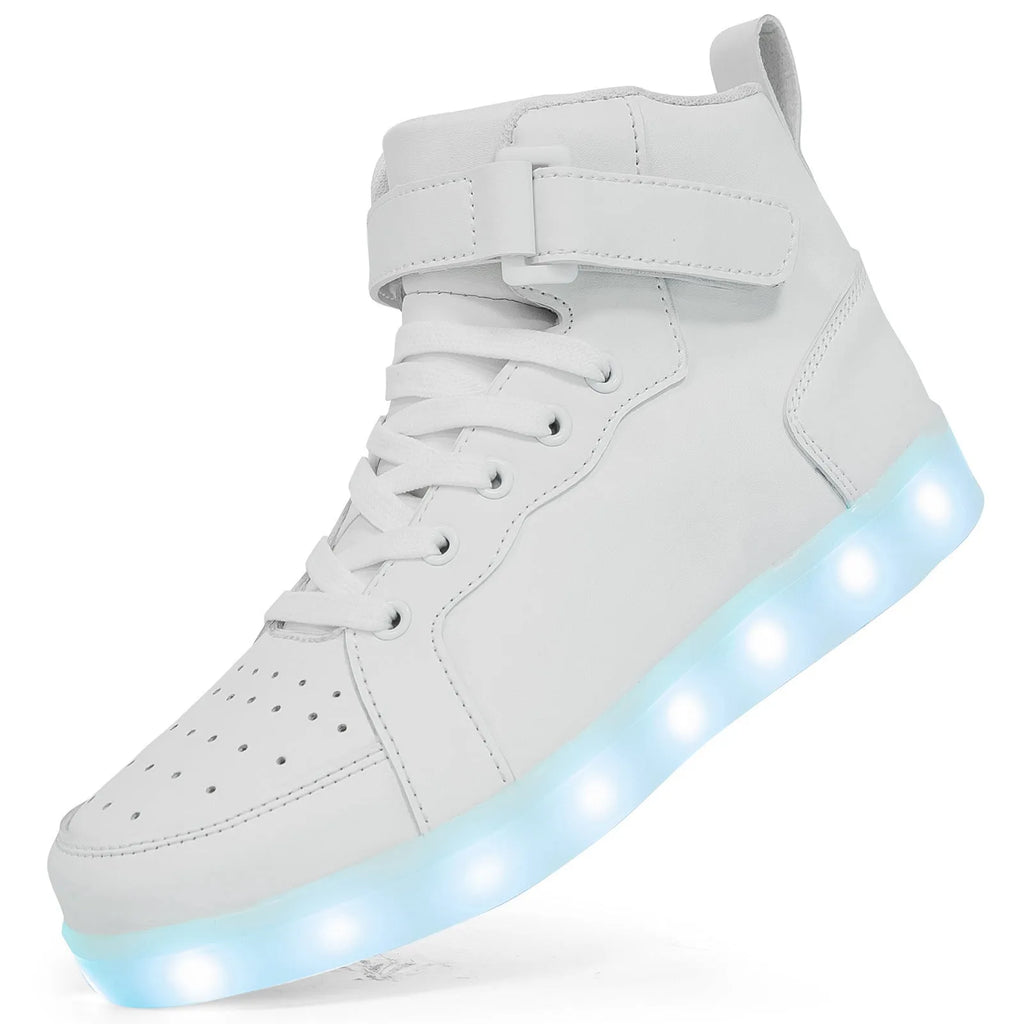LED high-top board shoes with illuminated lights and Velcro fastening in multiple colour options