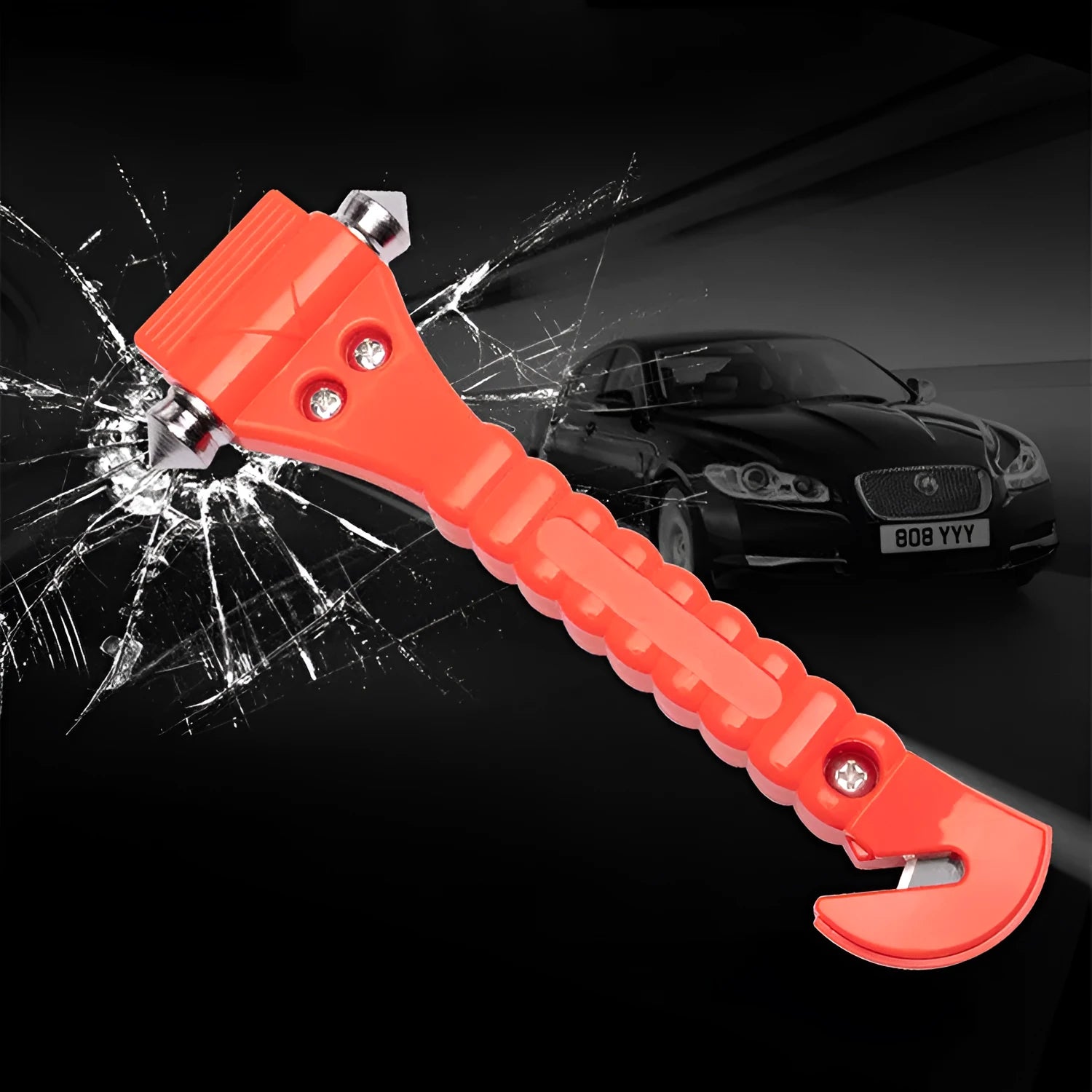 Red car life saving hammer with ABS carbon steel construction and integrated seatbelt cutter