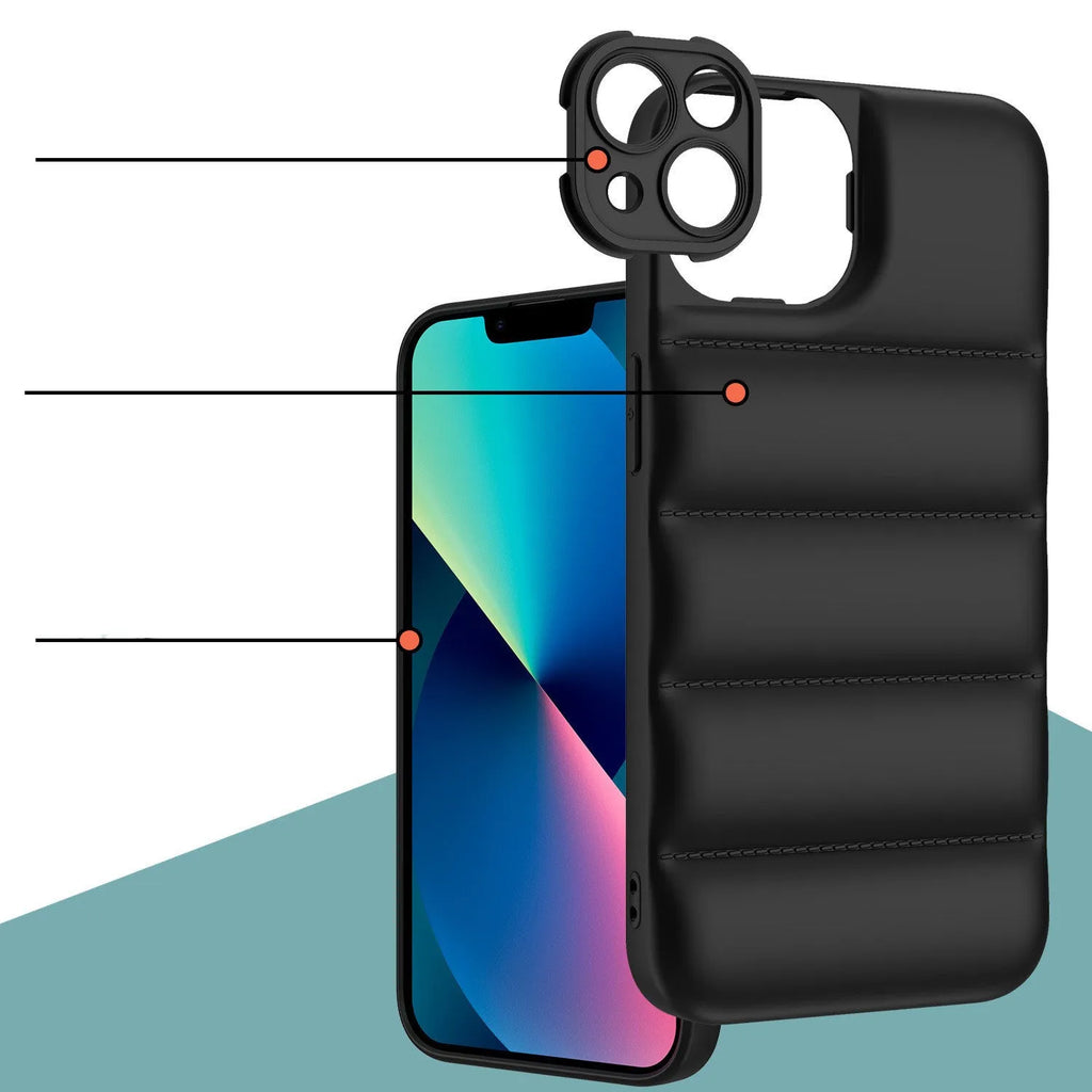 Down jacket style flexible TPU phone case for iPhone, shown in solid blue colour.