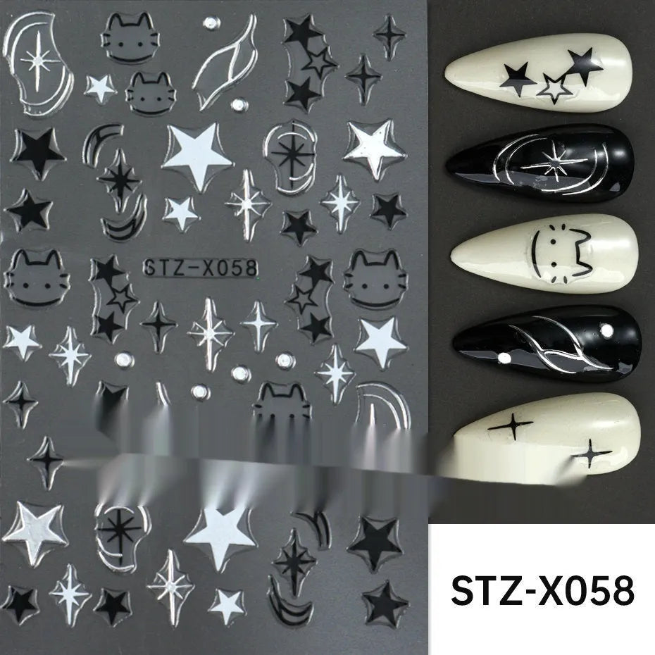 Cartoon nail art stickers sheet with black and silver love heart designs