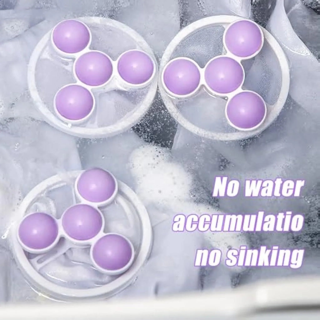 Set of three reusable pink, blue, and purple washing machine hair filter bags for catching pet hair and lint.