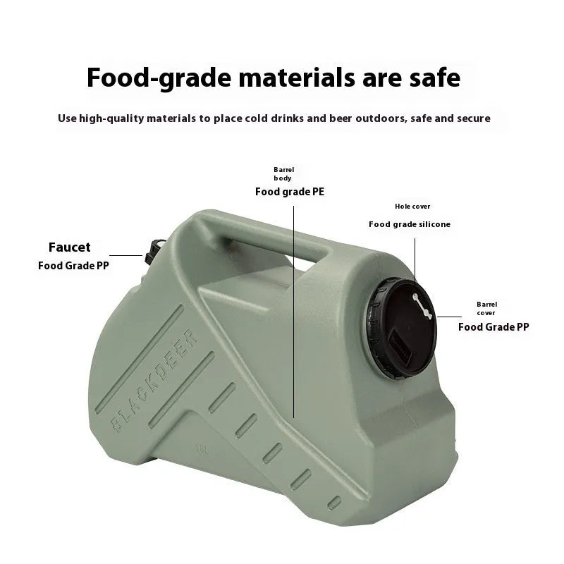 Green collapsible camping water storage tank shown in 13-litre snail and 18-litre backpack styles