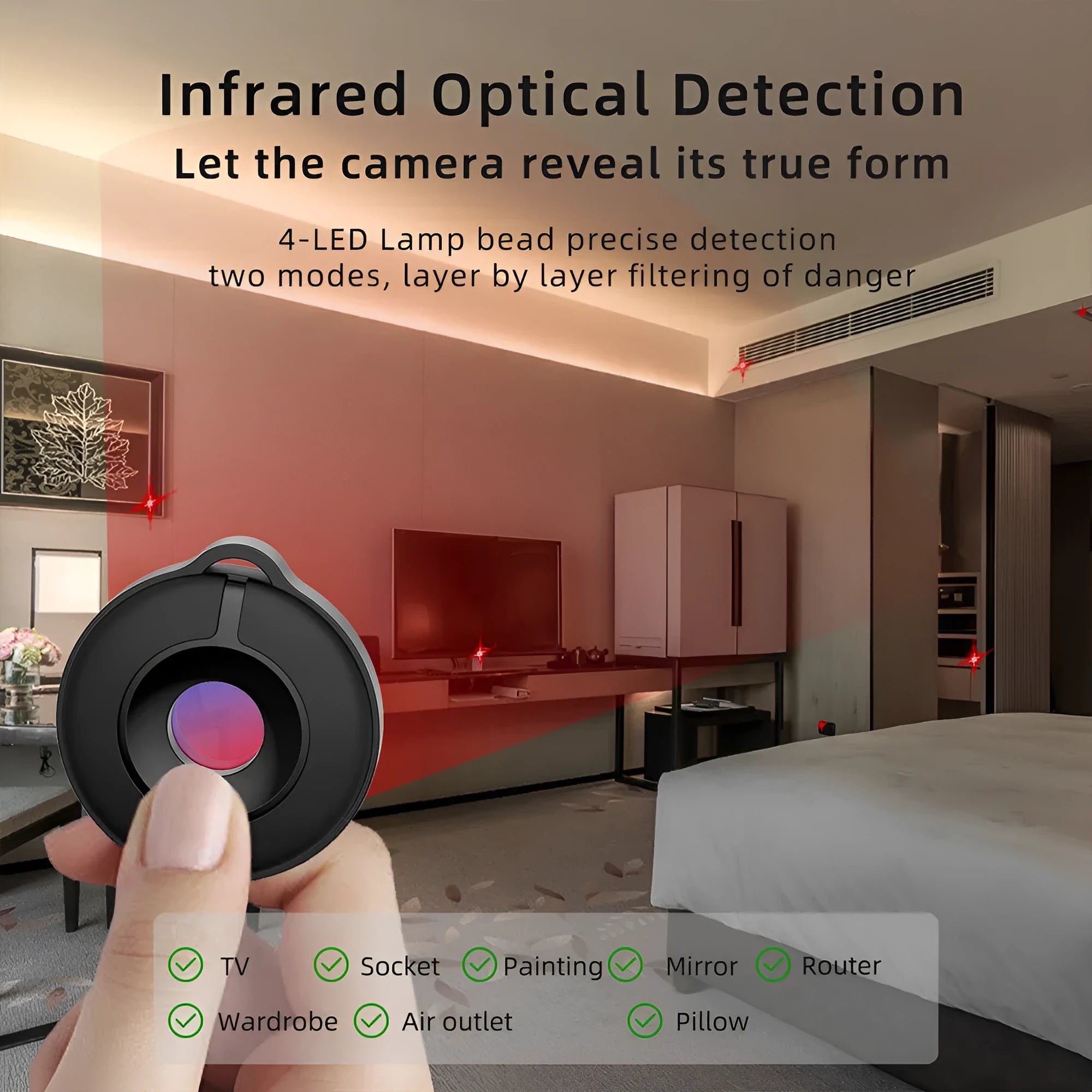 Compact S600 coloured infrared camera detector for finding hidden surveillance devices.